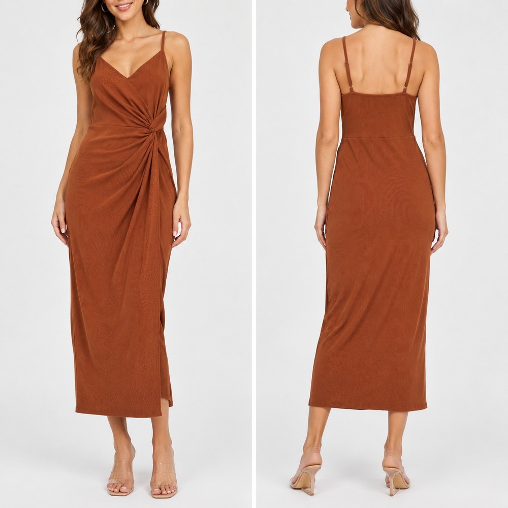 Nine Britton Vivienne Knit Fitted Midi Dress M Ribbed Twist Front Sleeveless